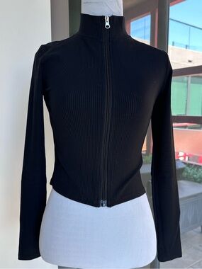 Forever 21 Black Ribbed Zip-Up Mock Neck Top